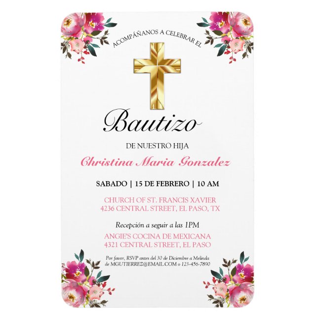 Imán Invitación bonita del bautismo de la cruz del oro (Vertical)