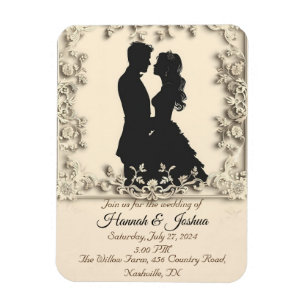 Imán Invitación de boda con contorno negro de una parej