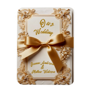 Imán "Invitación de boda con relieve floral y lazo de s
