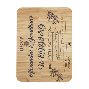 Imán invitación de boda de fondo moderno de madera rsvp