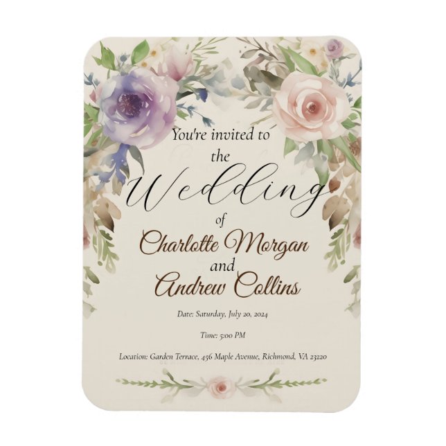 Imán Invitación de boda floral pintada (Vertical)