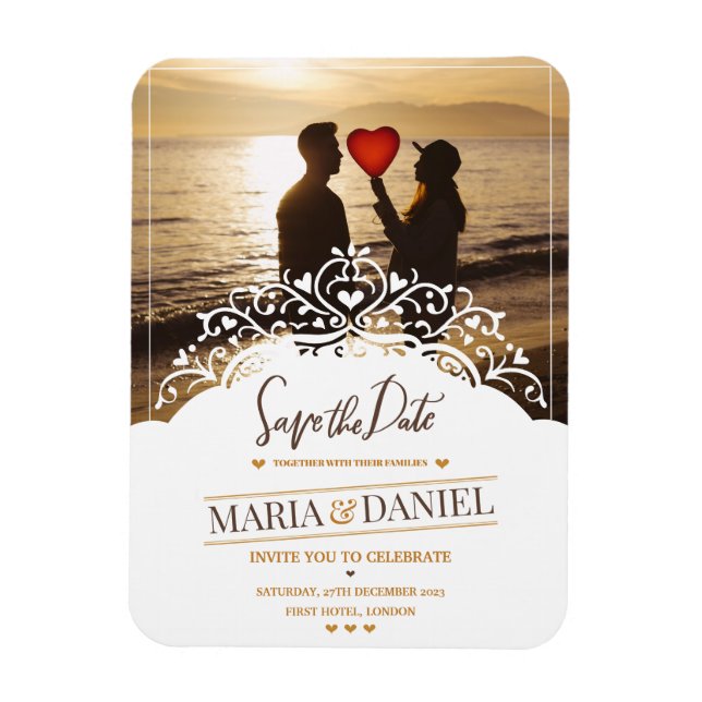 IMÁN INVITACIÓN DE BODA ORNAMENTAL CON FOTOS (Vertical)