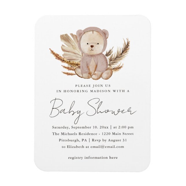 Imán Invitación de Boho Baby Shower con oso dulce (Vertical)