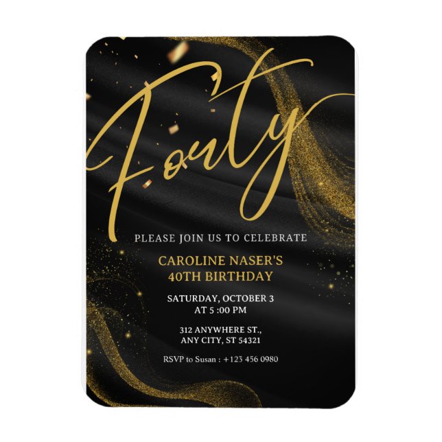Imán Invitación de cumpleaños 40 Black & Gold Glitter   (Vertical)