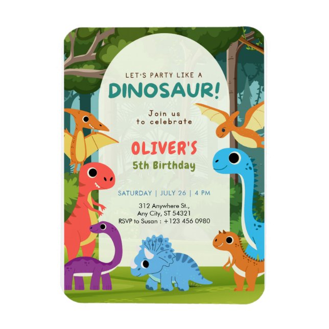 Imán Invitación de cumpleaños 5 del dinosaurio T-rex co (Vertical)