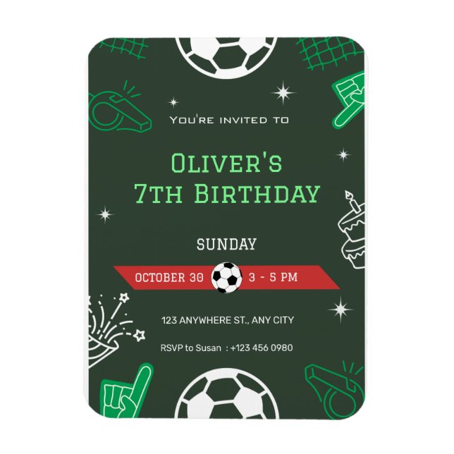 Imán Invitación de cumpleaños 7º cumpleaños de fútbol p (Vertical)
