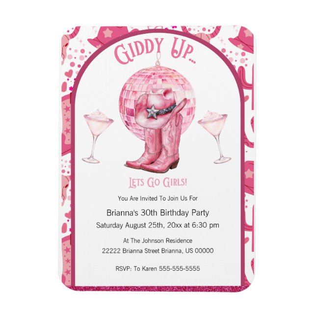 Imán Invitación de cumpleaños a la niña bonito rosa y P (Vertical)
