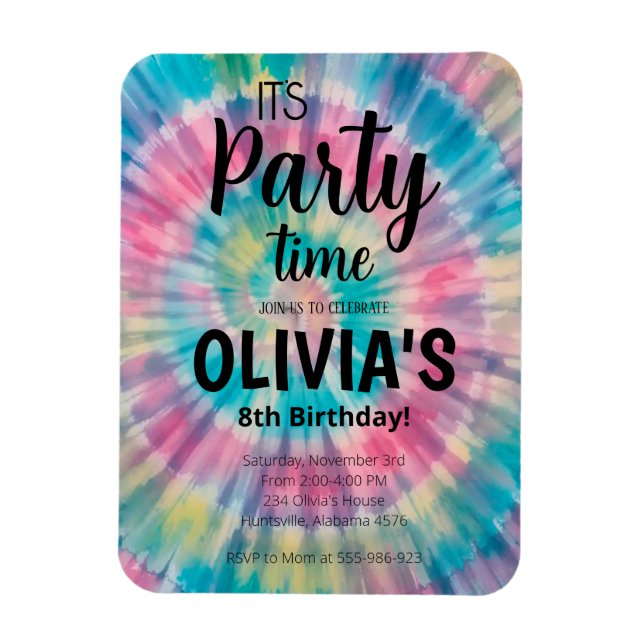 Imán Invitación de cumpleaños con Tie Dye Arcoíris Cump (Vertical)