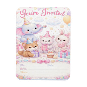 Imán Invitación de cumpleaños de animales bebés pastel