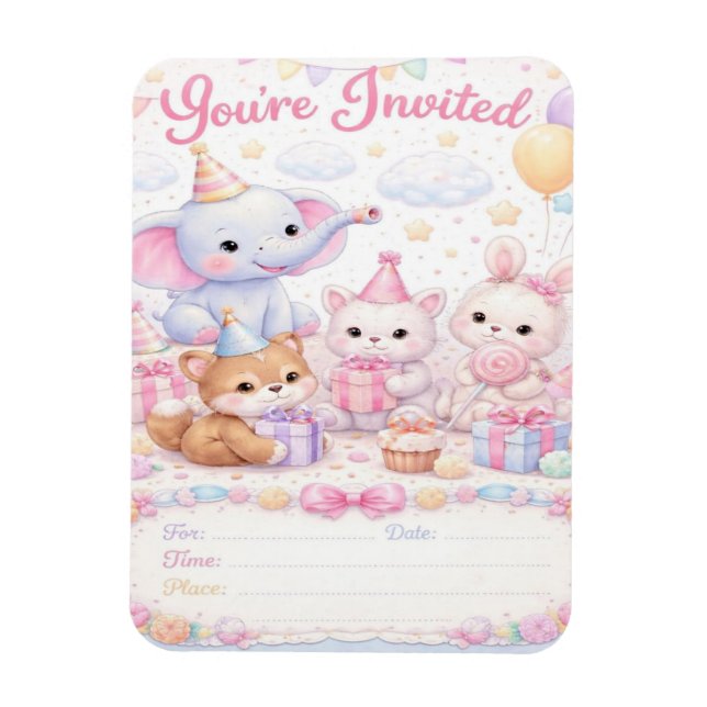 Imán Invitación de cumpleaños de animales bebés pastel  (Vertical)