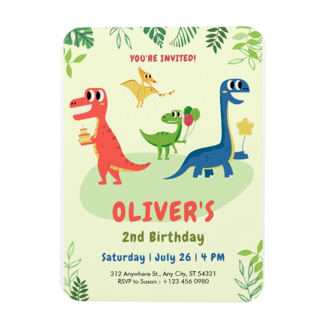 Imán Invitación de cumpleaños de dinosaurio T-rex lindo (Vertical)