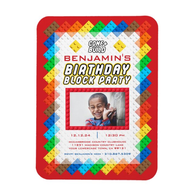 Imán Invitación de cumpleaños de juguete de ladrillos d (Vertical)