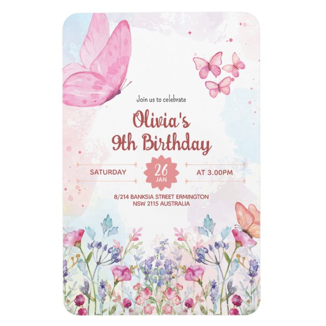 Imán Invitación de cumpleaños de mariposa pastel acuare (Vertical)