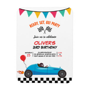 Imán Invitación de cumpleaños de niños de carrera autom