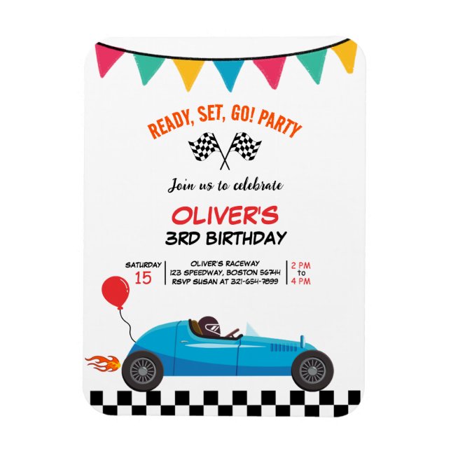 Imán Invitación de cumpleaños de niños de carrera autom (Vertical)