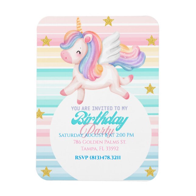 Imán Invitación de cumpleaños de niños de Unicornio (Vertical)