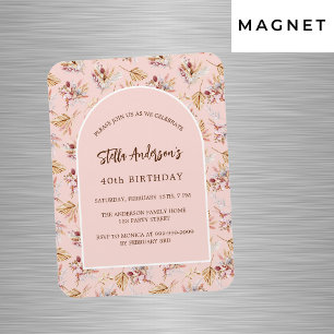 Imán Invitación de cumpleaños de oro con rosa floral de