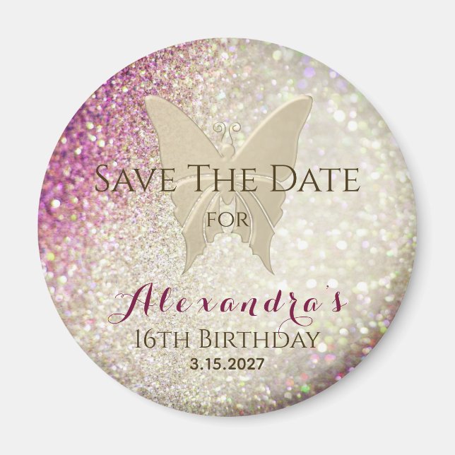 Imán Invitación de Cumpleaños Dulces 16 con Brillo Rosa (Frente)