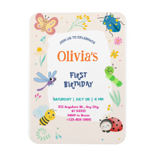 Imán Invitación de cumpleaños número 1 de Cute One Bug 