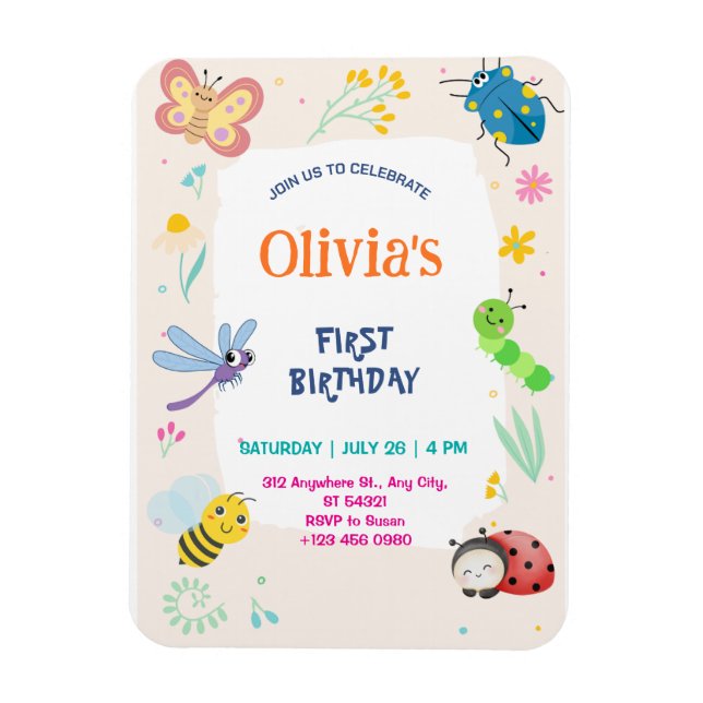 Imán Invitación de cumpleaños número 1 de Cute One Bug  (Vertical)