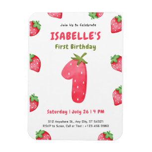 Imán Invitación de cumpleaños número 1 de Fresa Linda