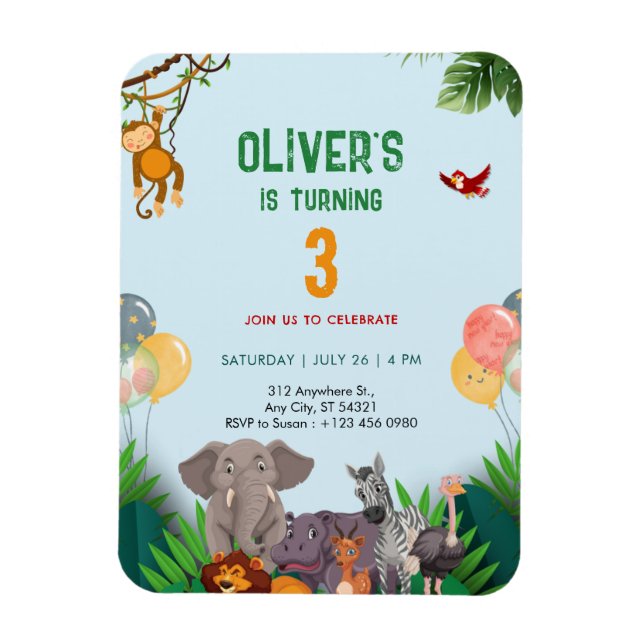 Imán Invitación de cumpleaños número 3 de Animales Tier (Vertical)
