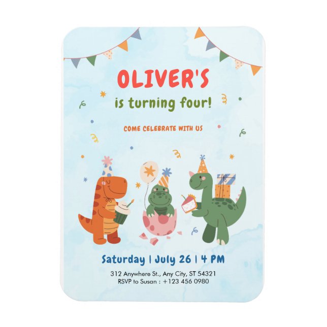 Imán Invitación de cumpleaños número 4 de adorable dino (Vertical)