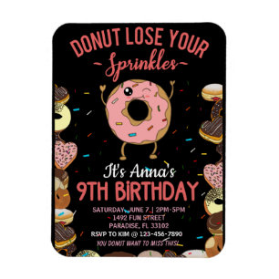 Imán Invitación de cumpleaños número 9 para niñas Donut