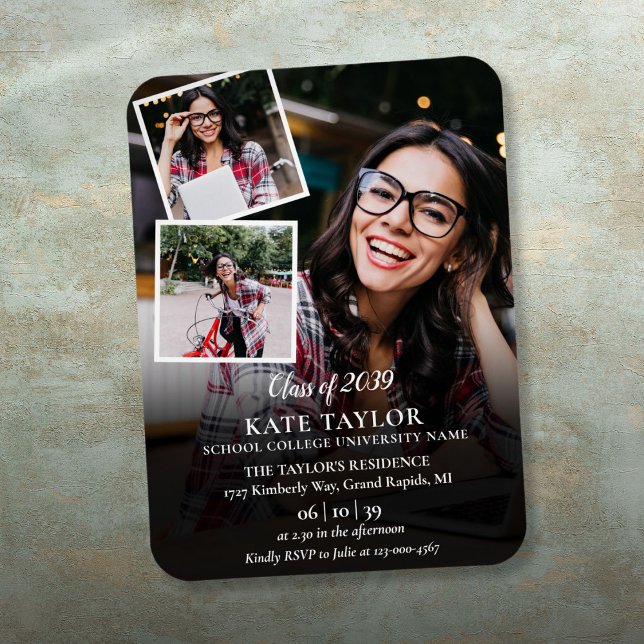 Imán Invitación de fiesta de graduación con collage de  (3 Photo Collage Graduation Party Invitation Magnet)