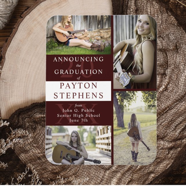 Imán Invitación de graduación de fotografía maroon mode (Classy Modern Maroon Photo Graduation Announcement Magnet)