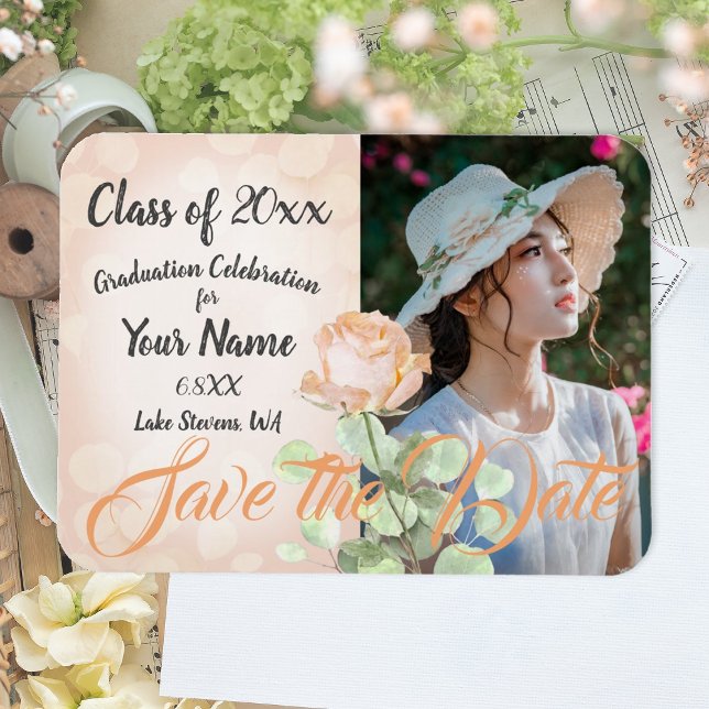Imán Invitación de Graduación Vintage, Creásica (dusty peach peach fuzz rose graduation party save the date magnet card)