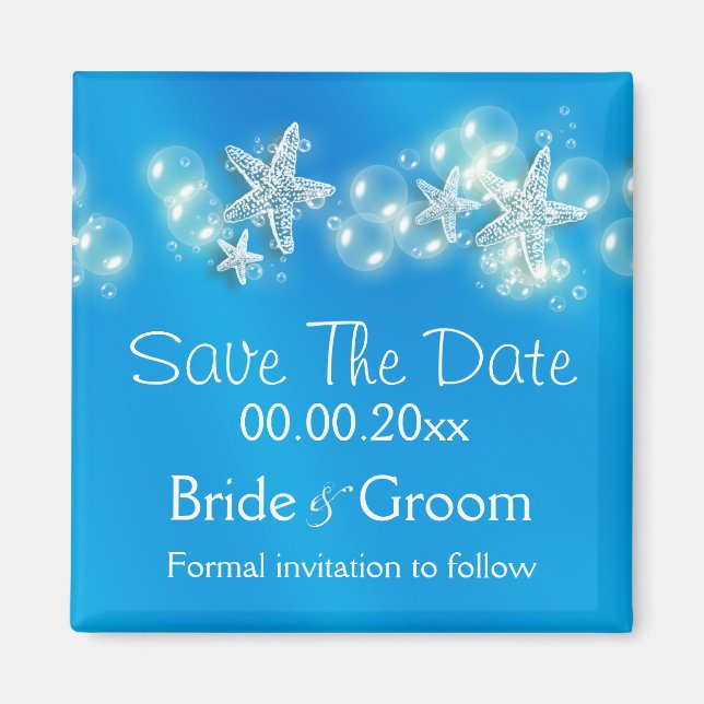 Imán Invitación de pez estrella de la playa blanca azul (Frente)