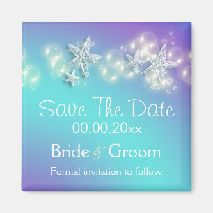 Imán Invitación de pez estrella de la playa morada azul