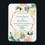 Imán Invitación floral rosa-rosa-rosa-boda<br><div class="desc">Decorada con grandes rosas de color acuático de color blanco, rosa y un poco azul y coral. Elegante fondo blanco. Plantillas para nombres y detalles del boda. Los nombres se escriben con una escritura de estilo con letras a mano moderna y elegante. Letras de color verde. Con un marco geométrico...</div>