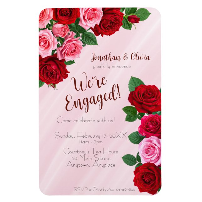 Imán Invitación para la fiesta de compromiso con rosas (Vertical)
