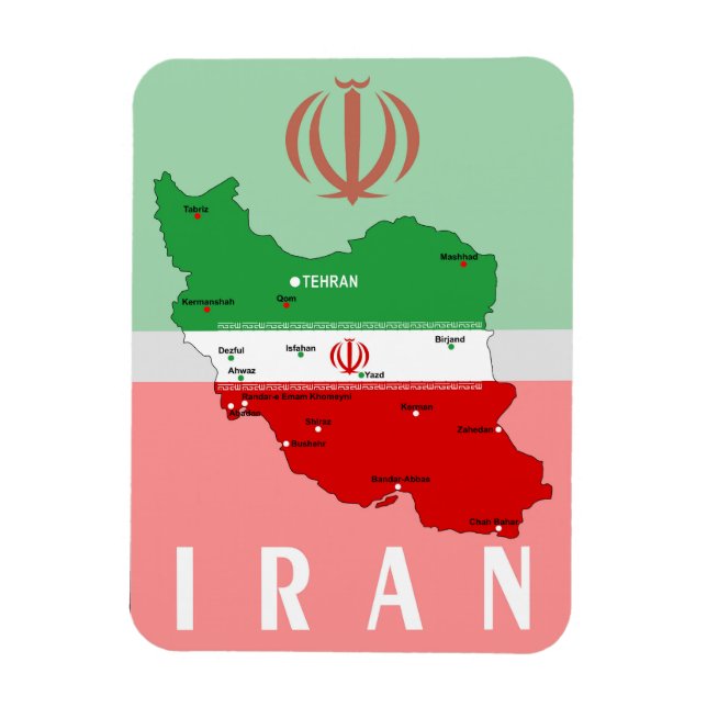 Imán Iran Map with Flag and Emblem (Vertical)