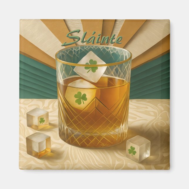 Imán Irish Whiskey Tumbler Shamrock Ice "Sláinte!" (Frente)