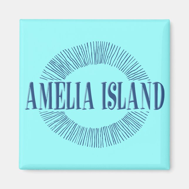 Imán Isla Amelia en azul con diseño solar (Frente)