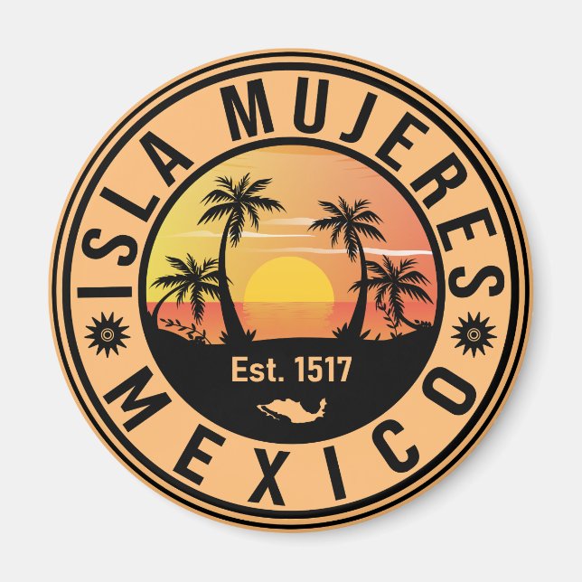 Imán Isla Mujeres México Retro Sunset Souvenirs Palm (Frente)