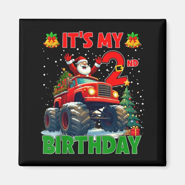 Imán It’s My 2nd Birthday Xmas Santa Monster Truck Chri (Frente)