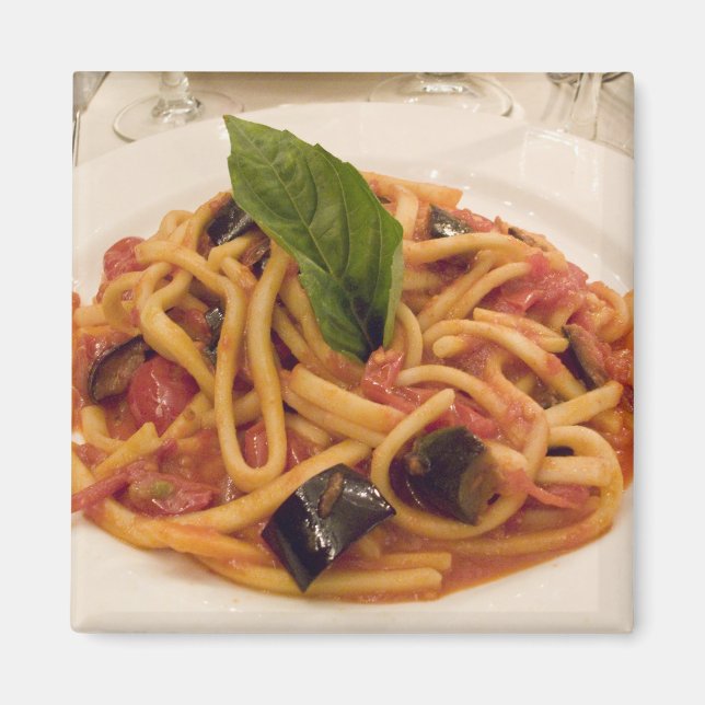 Imán Italia, Positano. Plato de pasta y berenjena. (Frente)