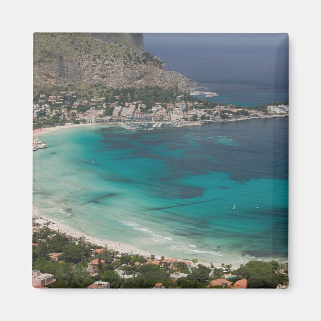 Imán Italia, Sicilia, Mondello, Vista de la playa desde (Frente)