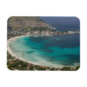 Imán Italia, Sicilia, Mondello, Vista de la playa desde