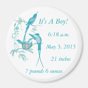 Imán It's a Boy! Aqua Vintage Bird Mom Dad Baby Magnet