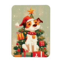 Jack Russell Terrier con árbol de Navidad y regalo