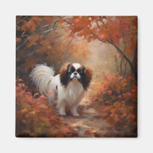 Imán Japanese Chin en hojas de otoño caen Inspiran