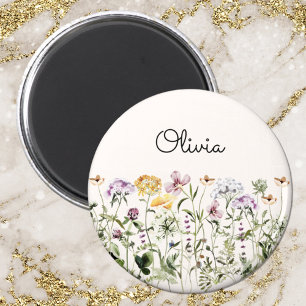 Imán Jardín de flores silvestres con acuarela monograma