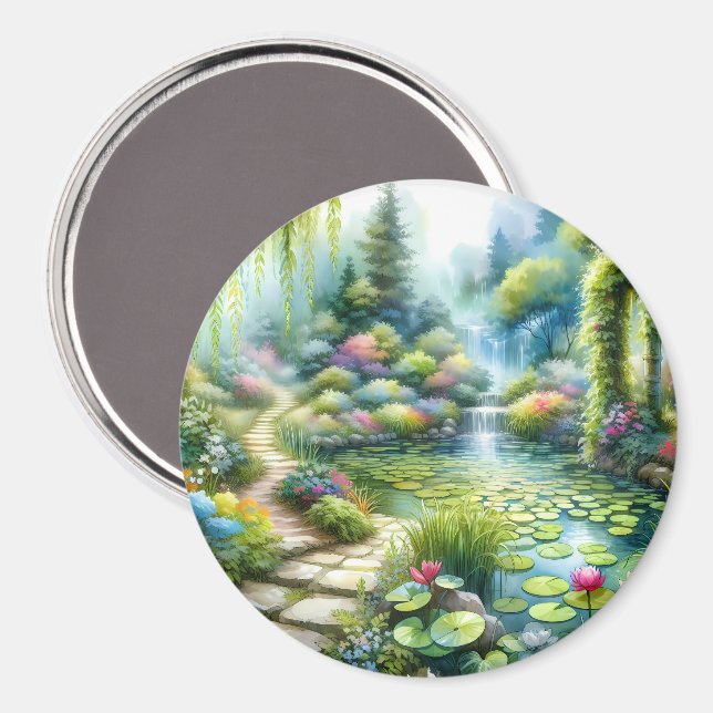 Imán Jardín de la cascada encantada, estanque de lirios (Anverso/Reverso)