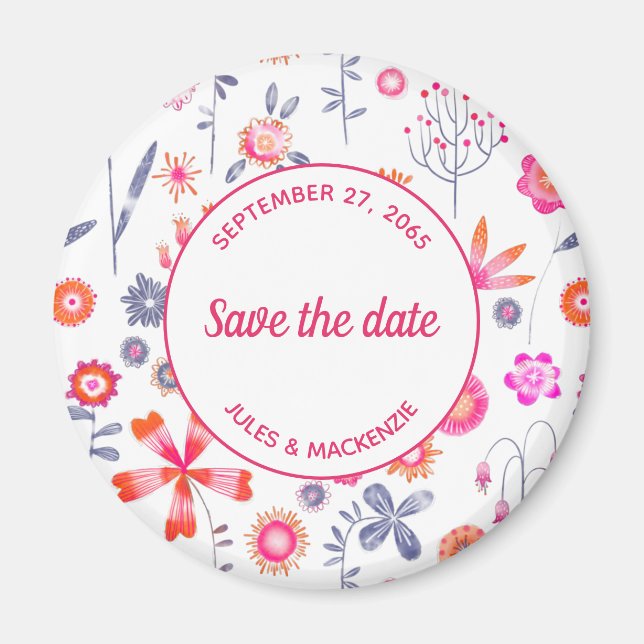 Imán Jardín moderno de flores rosadas salva la fecha (Frente)