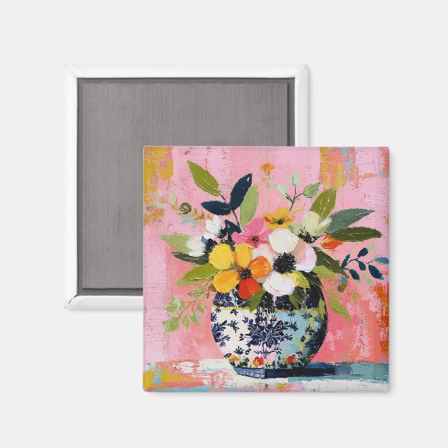 Imán Jarrón de flores colorido y vibrante (Anverso/Reverso)